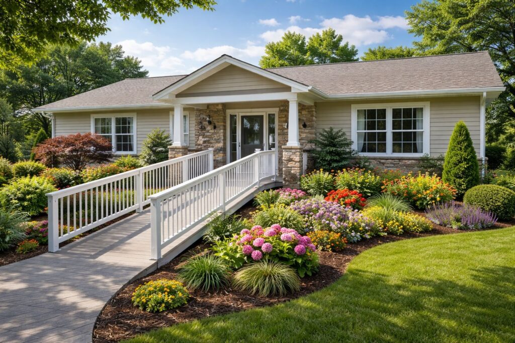 Residential care home for seniors with accessible entrance and home-like environment