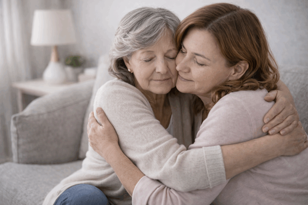 adult daughter hugging elderly mother during emotional caregiving conversation about health and end-of-life care decisions