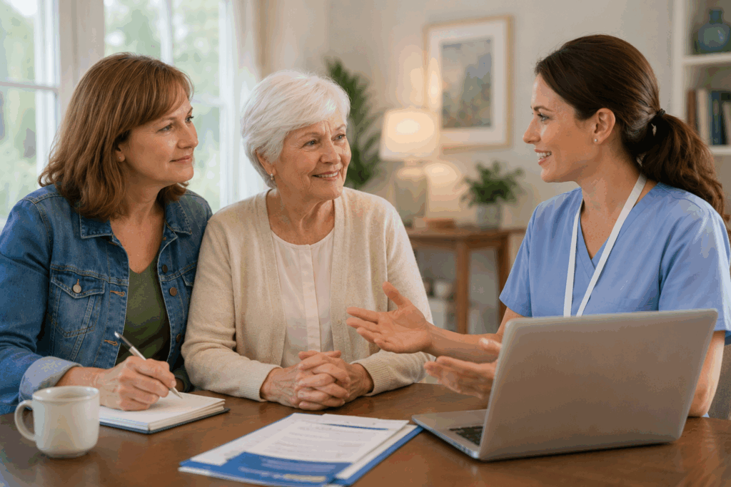 Adult daughter and elderly mother speaking directly with a senior care provider about senior care options