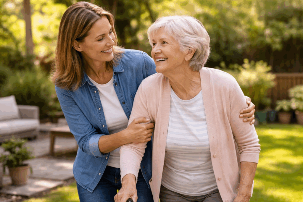 caregiver supporting elderly mother walking safely signs aging parent needs more care support at home