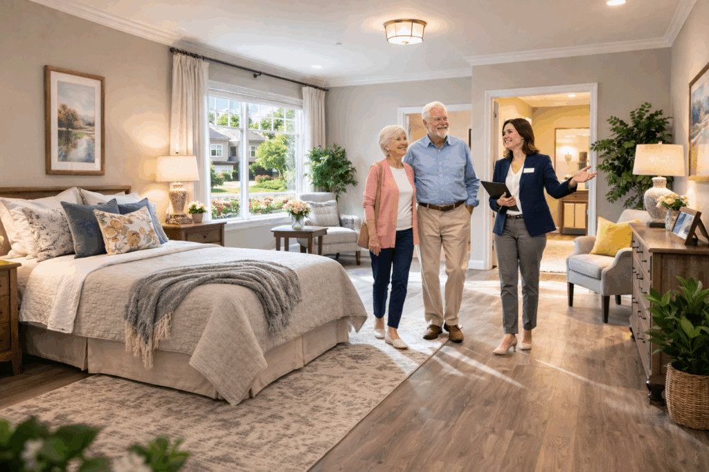 Senior couple touring a private apartment inside an assisted living community with a staff advisor explaining living spaces and amenities.