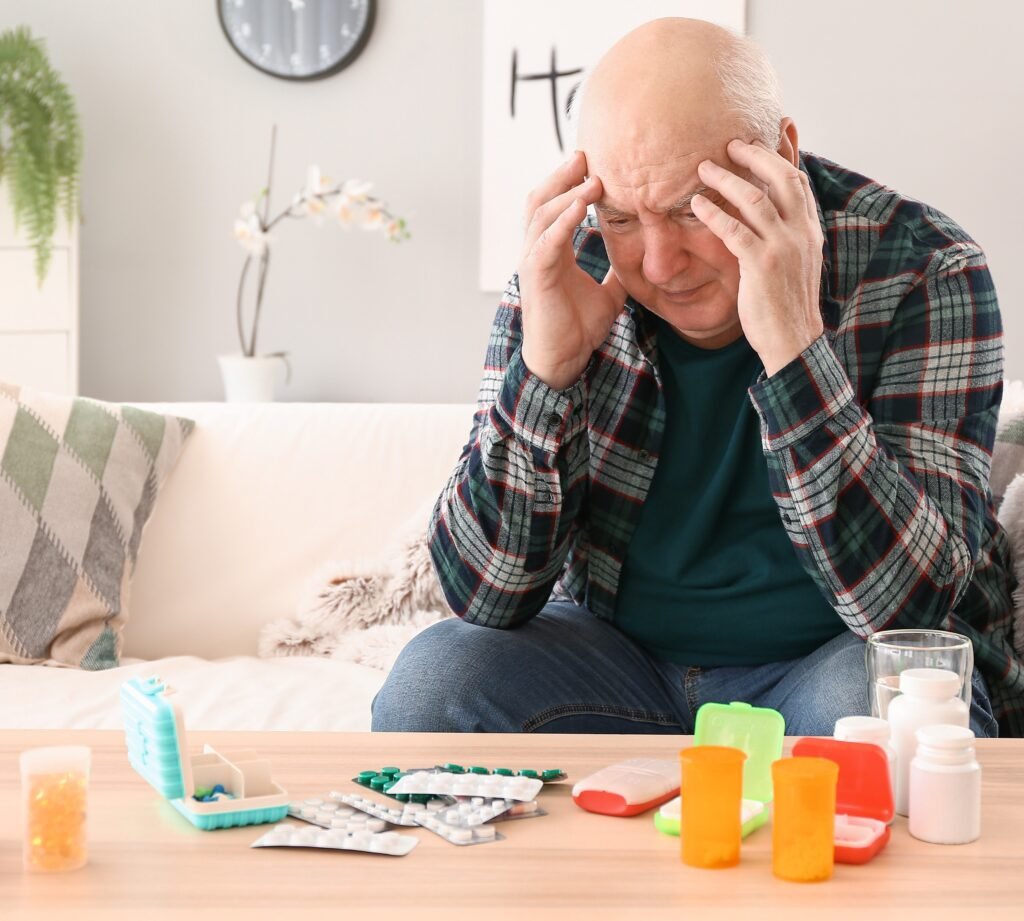 Older adult looking confused while managing multiple medications and pill organizers at home