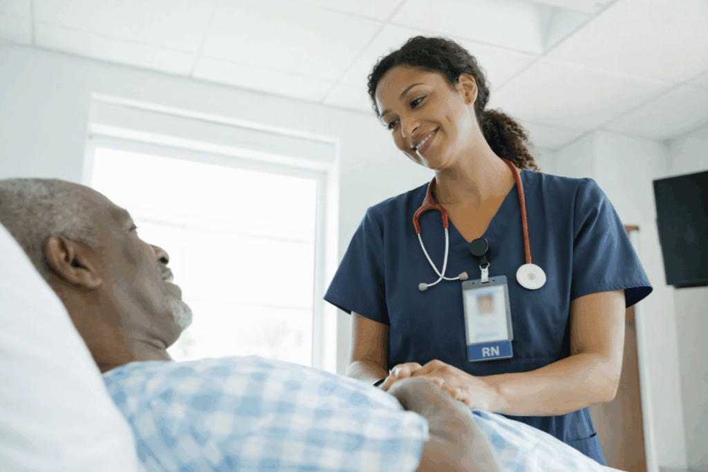 nurse providing skilled nursing care to senior patient in nursing home showing medical support and compassionate care