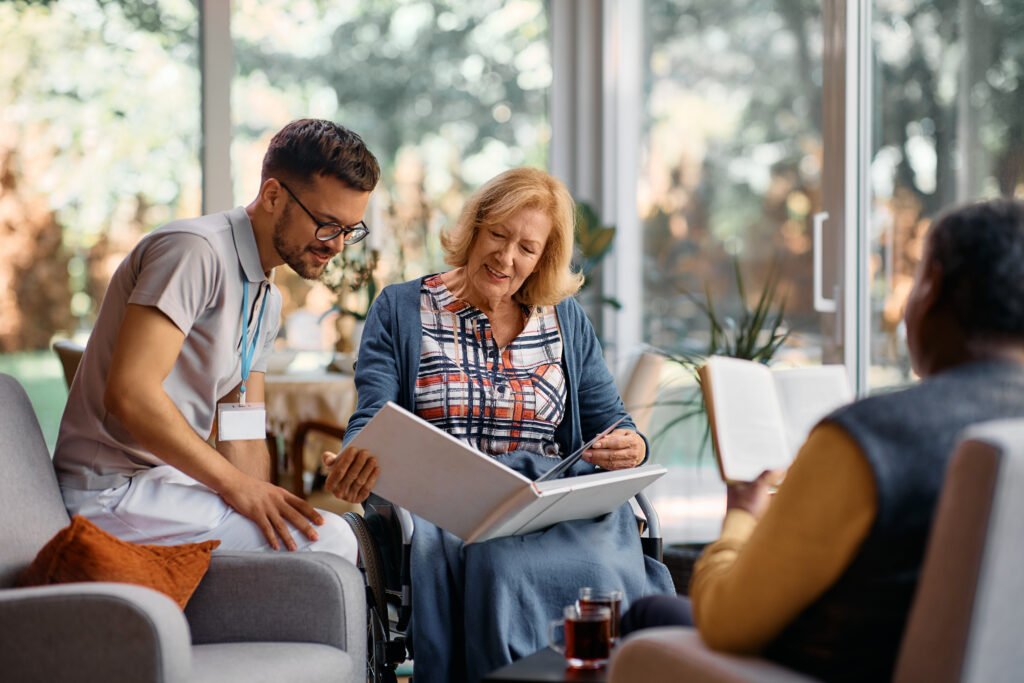 What is a nursing home daily life with resident reading and staff support