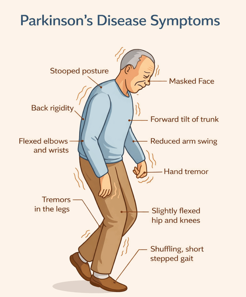 Parkinson’s disease symptoms including tremor, stooped posture, and shuffling gait