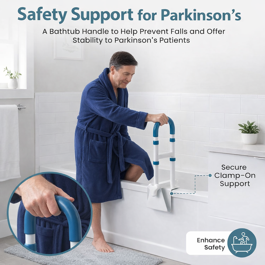 Bathroom safety support for Parkinson’s care at home using grab handle to prevent falls
