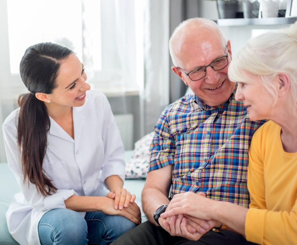 Family discussing Alzheimer’s disease care planning and future support options with a healthcare professional