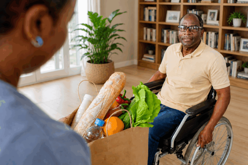 Caregiver helping older man in wheelchair with groceries and meal support at home