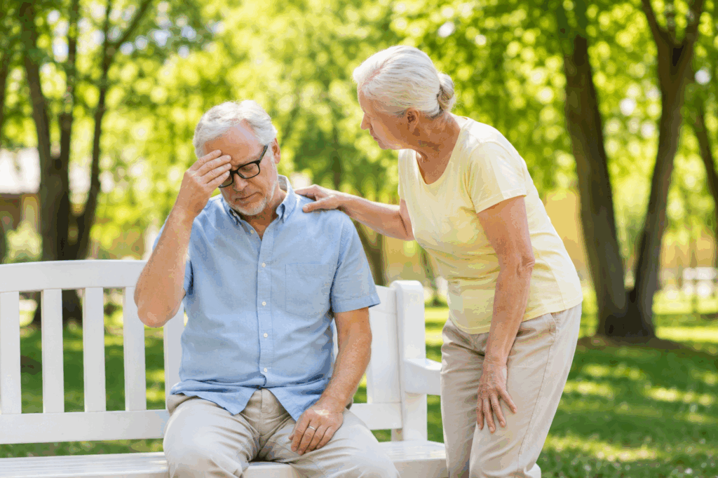 Older man showing signs of heat exhaustion outdoors while following summer safety tips for seniors during extreme heat