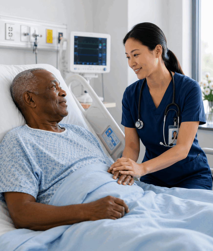 Nurse providing compassionate hospice care support to an elderly male patient in a hospital room