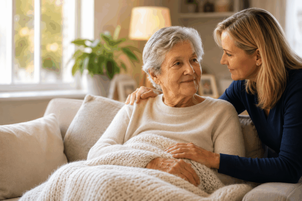 Hospice nurse holding hands with an elderly woman receiving compassionate end-of-life care at home