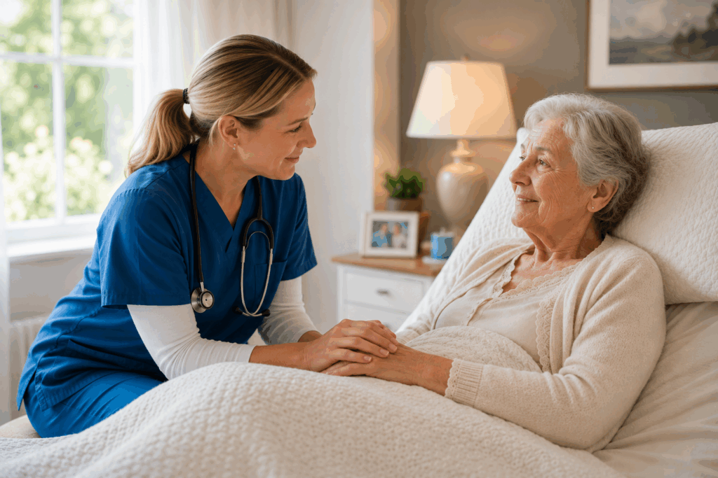 Nurse providing emotional support to an elderly woman receiving hospice care at home