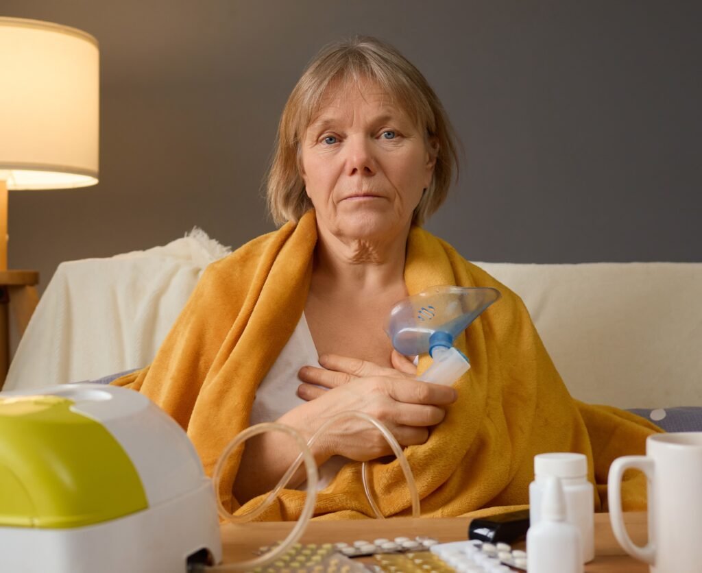 Woman receiving palliative care support and respiratory treatment during serious illness at home