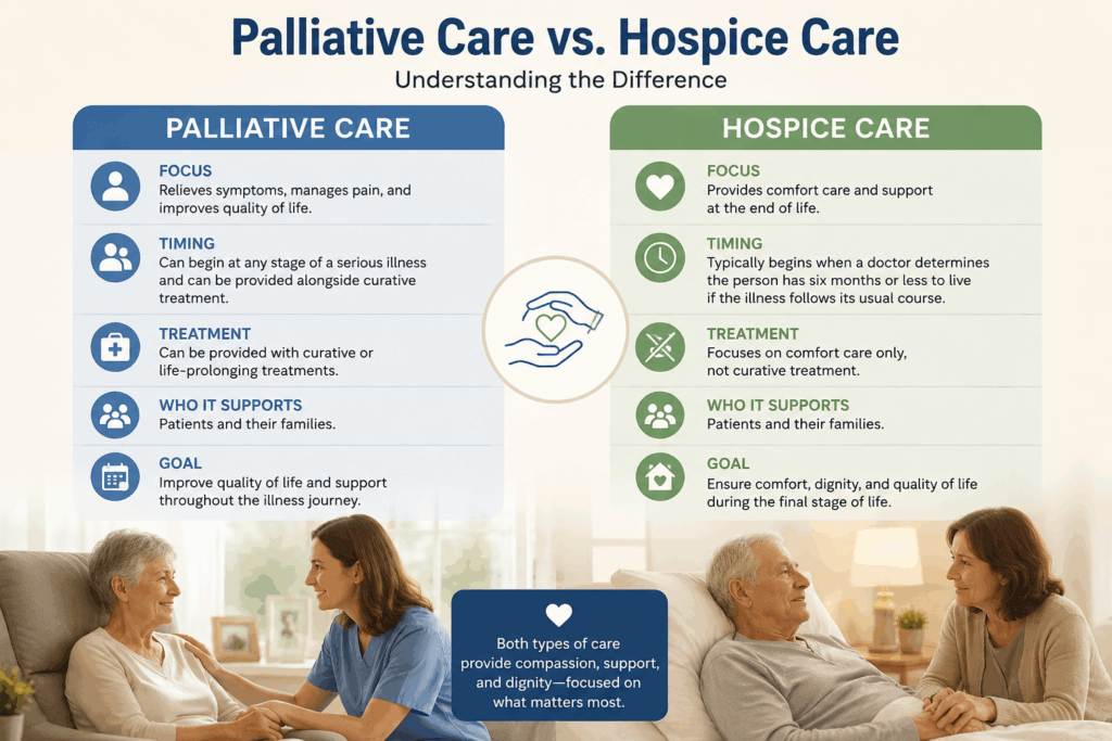 Comparison of palliative care vs hospice care showing differences in treatment goals, timing, comfort care, and family support
