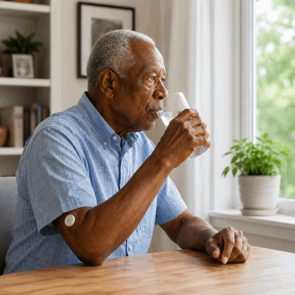 Older man drinking water indoors while following summer safety tips for seniors during hot weather