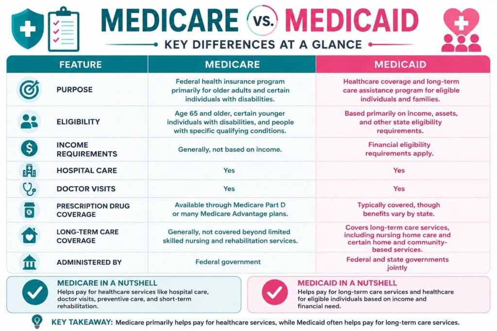 Medicare vs Medicaid comparison chart showing differences in eligibility, coverage, income requirements, long-term care benefits, and healthcare services.