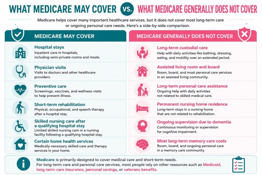 Medicare coverage comparison infographic showing what Medicare may cover, including hospital stays and physician visits, versus services Medicare generally does not cover, such as assisted living, long-term care, and memory care.
