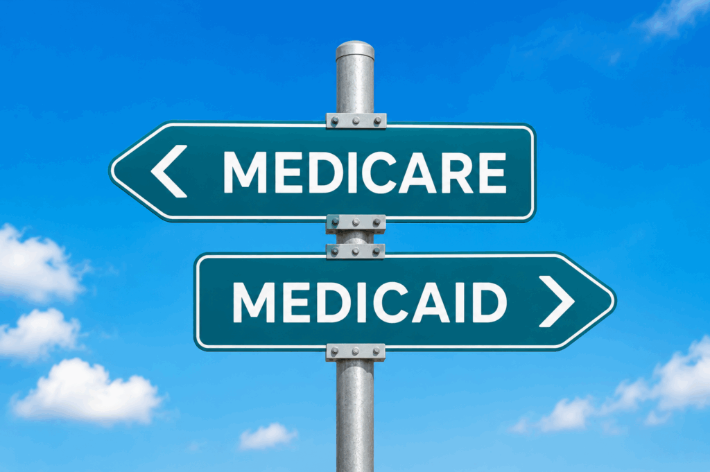 Directional signs showing Medicare and Medicaid representing how the two healthcare programs work together