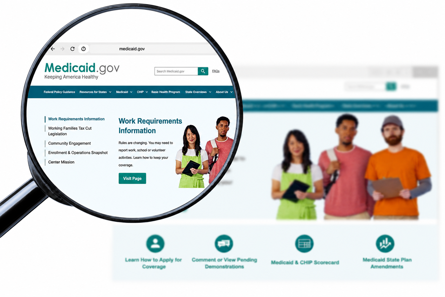 Medicaid.gov website shown on a computer screen representing Medicaid eligibility and healthcare coverage information