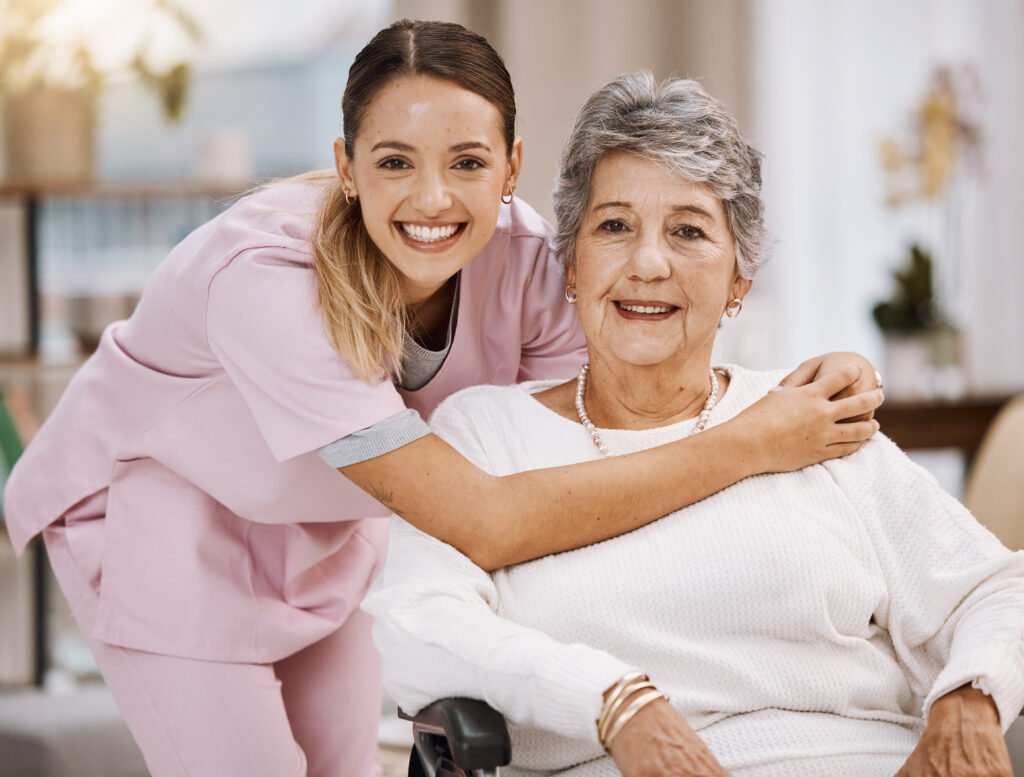Caregiver providing compassionate support to an older adult in an assisted living community.