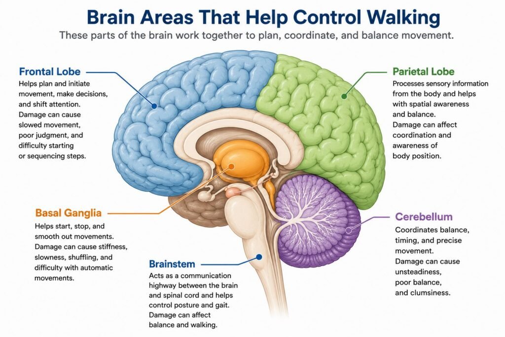 Illustration of the brain areas that help control walking, showing how dementia affects movement, balance, and coordination.