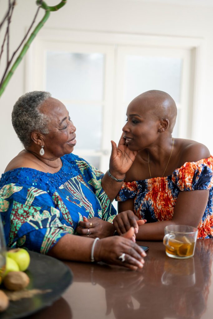 Older woman talking with a family member about dementia care and support
