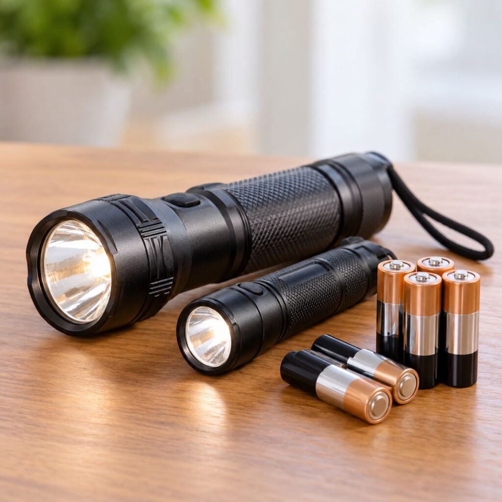 Flashlights and extra batteries for senior power outage preparedness