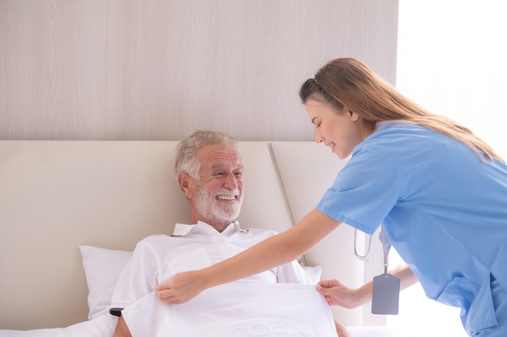 Hospice in memory care with a healthcare professional supporting an older adult